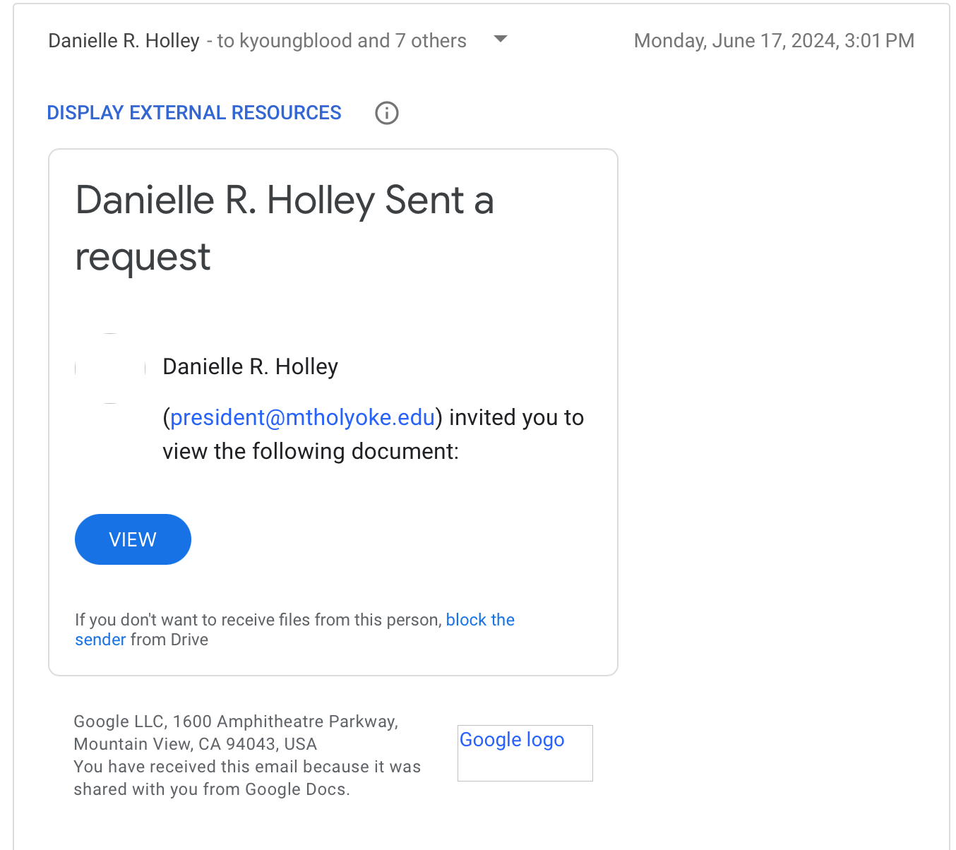 screenshot of the google form share phish impersonating Danielle Holley