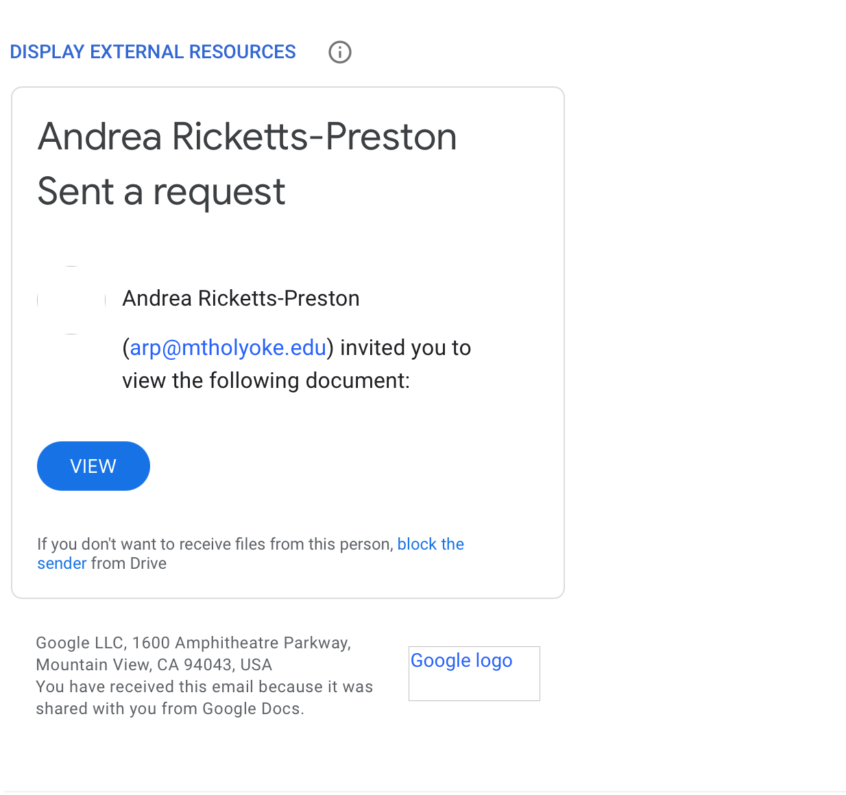 screenshot of Google form file share impersonating Andrea Ricketts-Preston