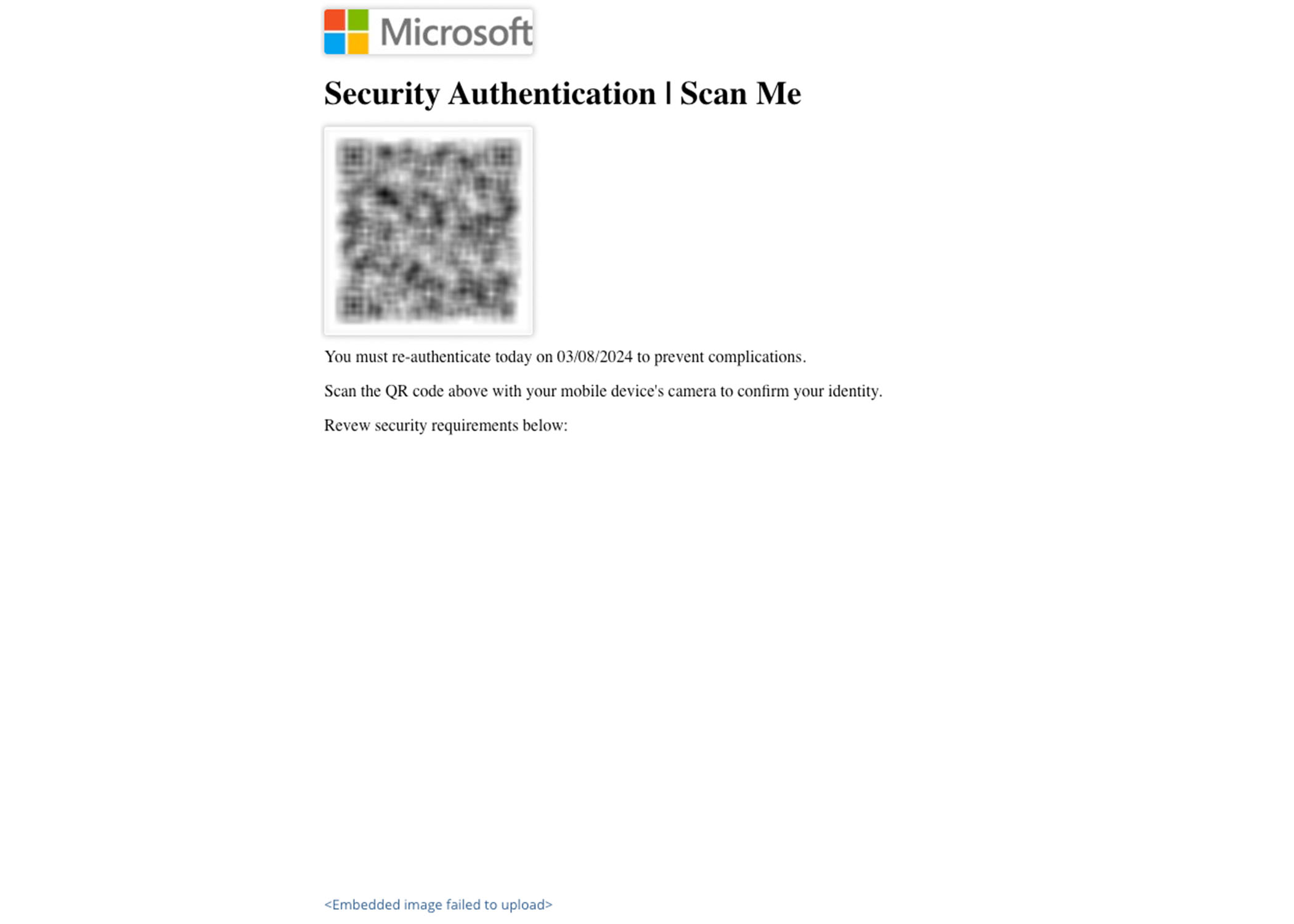 Screenshot of the Microsoft email with a blurred image of a QR code.