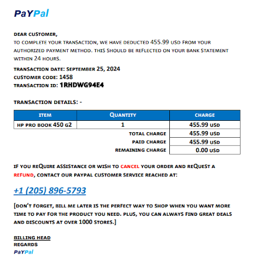 screenshot of a fake paypal bill