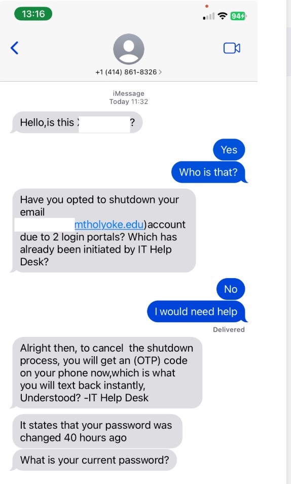 FAKE text message thread asking MHC user for their MHC password