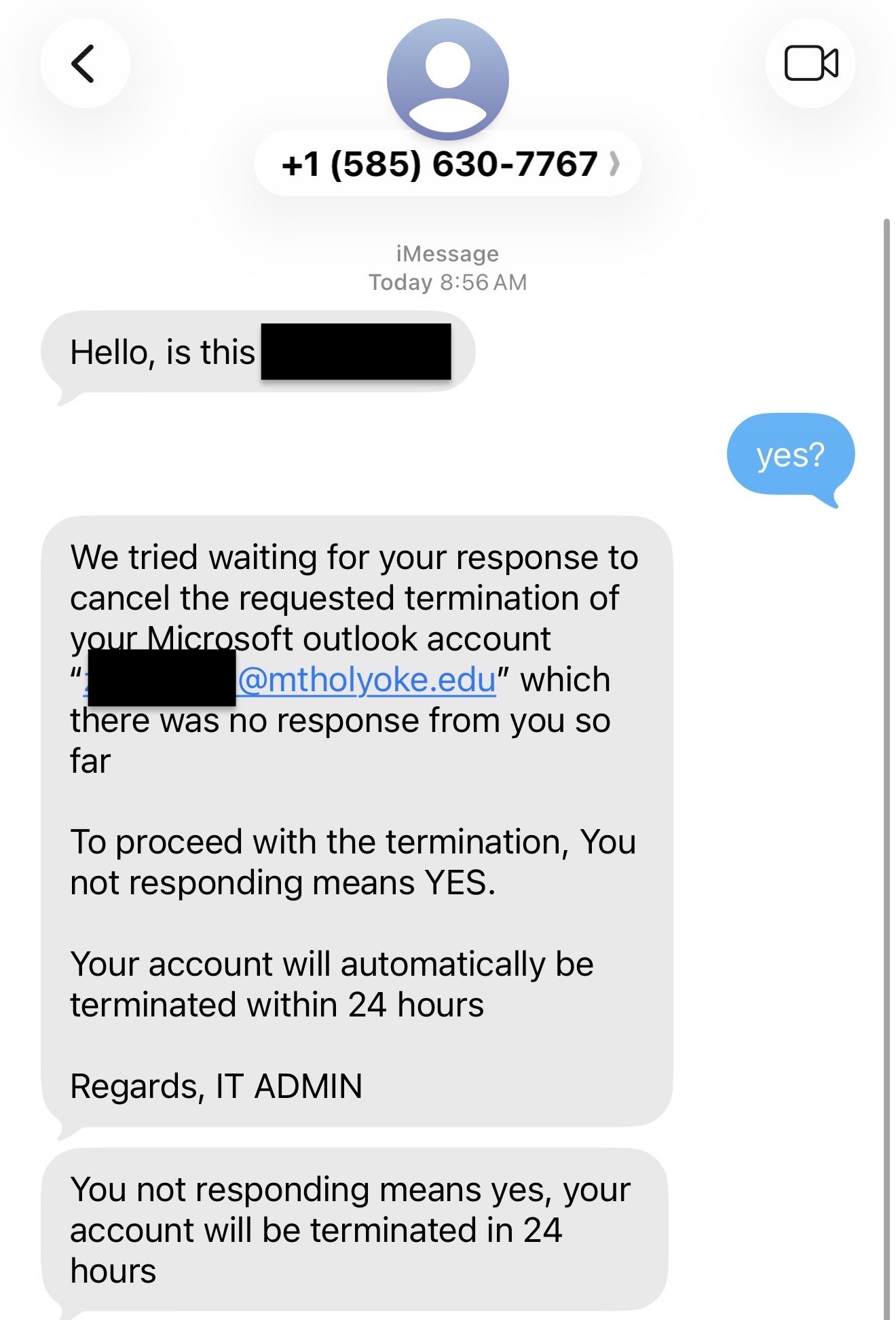 Text message screenshot warning that a Microsoft Outlook account will be deleted unless the user responds.