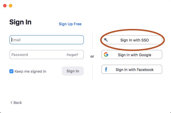 Zoom application login page, with "Sign in with SSO" button circled.