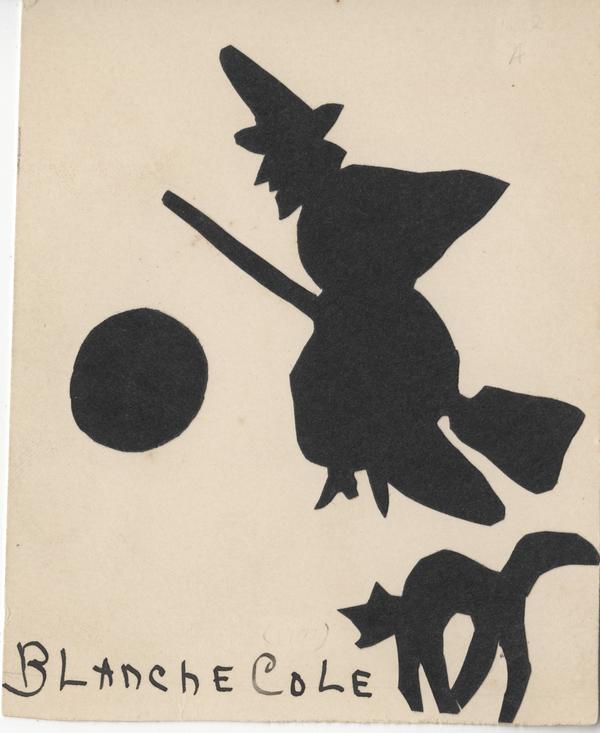 Silhouette of a witch riding a broom, with a new moon and a black cat.  The image includes the name Blanche Cole.