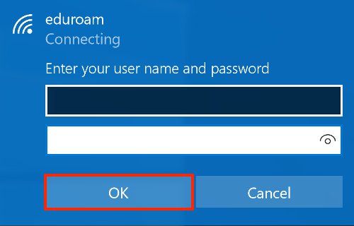Screenshot of a window asking user for credentials to connect to eduroam. The OK button is highlighted. 
