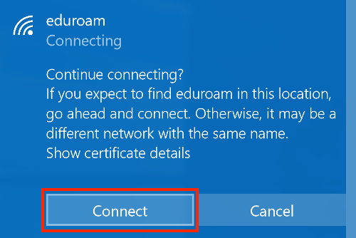 Screenshot of a popup window asking users if they want to continue connecting to eduroam. Connect button is highlighted.